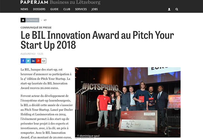 Cover Paperjam - Le BIL Innovation Award au Pitch Your Start Up 2018